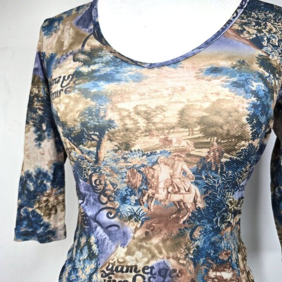 Vintage 90s Y2K French Hunting Painting Micro Mesh Sheer 3/4 Sleeve Top USA - Picture 4 of 10